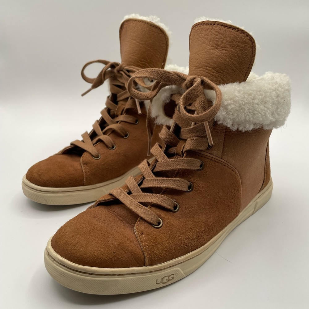 UGG Brown High Top Suede Sneakers With Lamb’s Wool Lining - Size 7